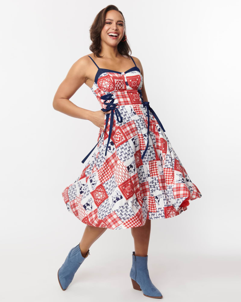 Front of a model wearing a size L Unique Vintage Cow Patchwork Side Lace Swing Dress in Red, White, Blue by Unique Vintage. | dia_product_style_image_id:300953